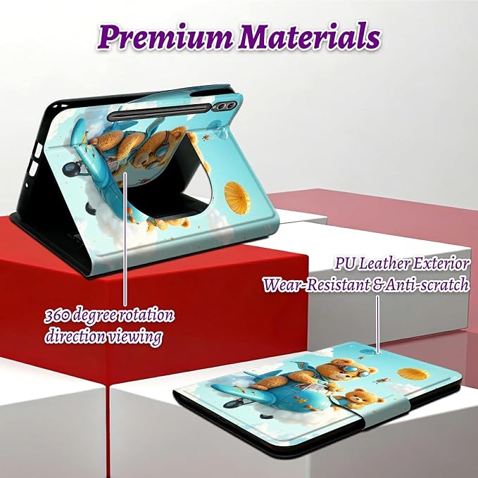 Rotating Handle Case for Samsung Galaxy Tab S10+ Plus 2024/S9 FE+ Plus/S9+ Plus 12.4" 2023, 360 Degree Swivel Kickstand with Magnetic Closure Leather Protective Cover, Airplane Bear