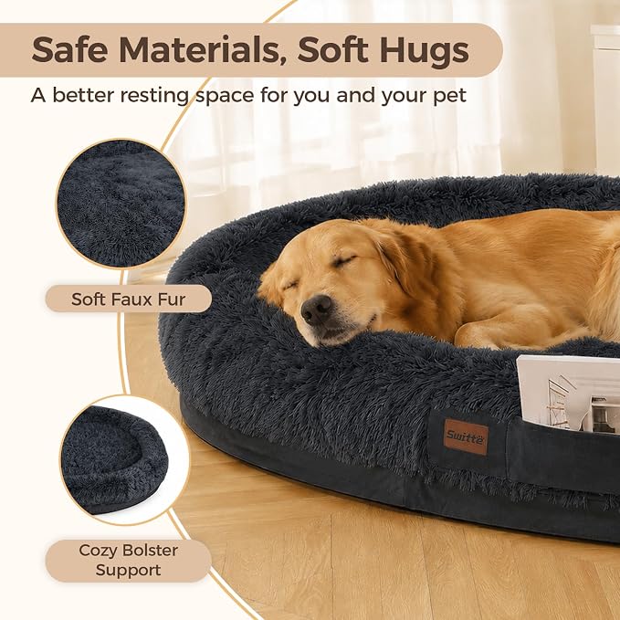 Human Dog Bed for Adult, 71"x48" Large Pet Dog Bed, Dark Grey | Adult Dog Bed for Humans with Pillow & Blanket, Fluffle Cloud Dog Bed with Orthopedic Foam Bolster, Durable Zipper, Portable