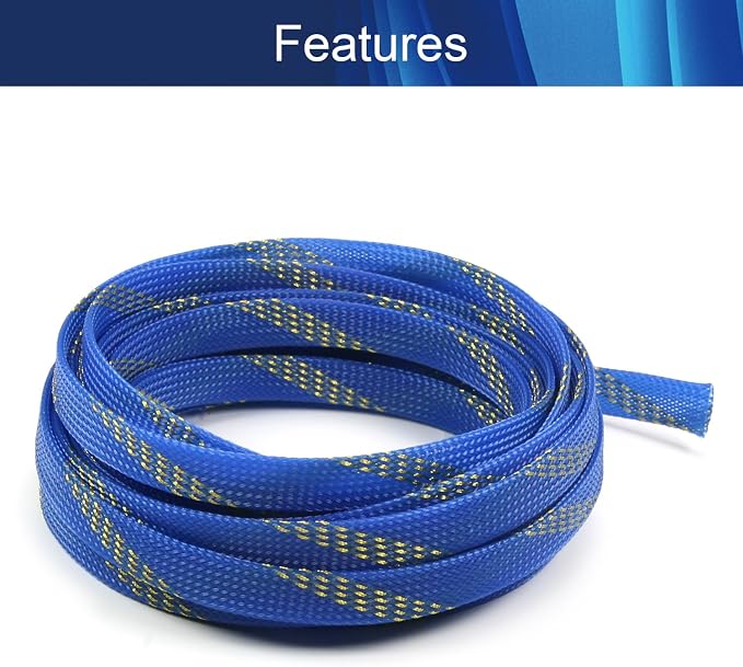 Jutagoss PET Expandable Braided Cable Sleeve, 16.4ft - 1/2 inch Blue Gold Cable Management Sleeve, Wire Loom Tube Cord Protector for USB Cable, Power Cord, Audio Video and More, 1Pc