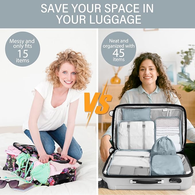 KPX 8 Set Packing Cubes for Travel, Luggage Packing Organizers Accessories Large Toiletries Bag for Clothes Shoes Cosmetics (Grey)