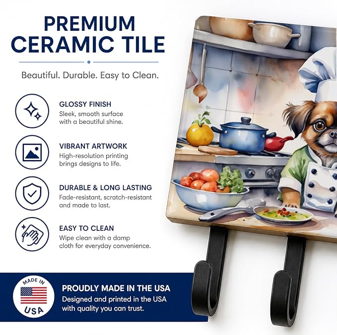 Caroline's Treasures Tibetan Spaniel The Chef Leash or Key Holder Wall Hooks, Key Hooks Holder, Coat Rack Wall Mount, Coat Hooks, Hooks for Hanging Keys, Towels, Aprons, Leashes | Tibetan Spaniel The Chef artwork on ceramic tile with three steel hooks ...