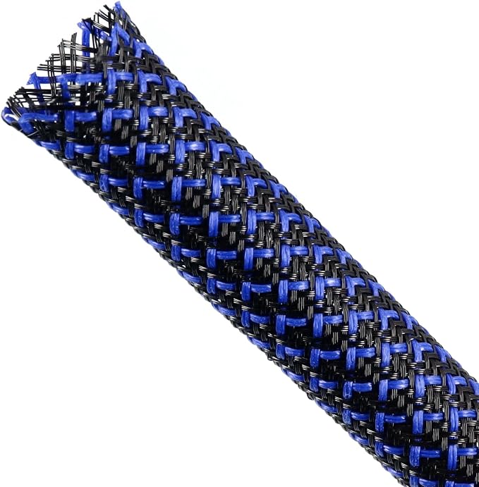 Braided Cable Sleeving, PET Expandable Braided Cable Sleeve, Flexible Mesh Sleeving Cord Management for Audio Video and Other Home Device, Cord Protector from Pets (Black Blue-2, 1/4")