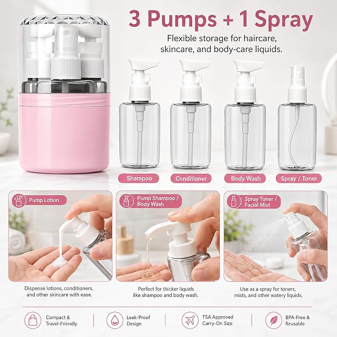 4-in-1 Travel Dispenser with 4 x 50 mL Bottles, Pink | 4 refillable 50 mL bottles, pump and spray tops, included label stickers, compact design for toiletries, travel, gym