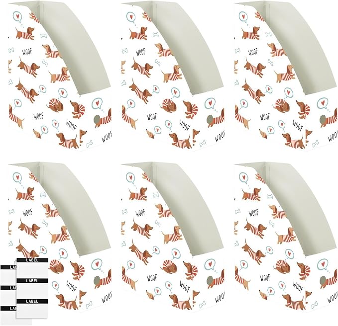 SPRIPORT Cute Pets Dogs White Pattern Water Resistant PP Magazine File Holder Organizer for Desk, Collapsible Storage Rack for School Library Office Document Sorter with Labels 23x30x10cm (3 Pack)