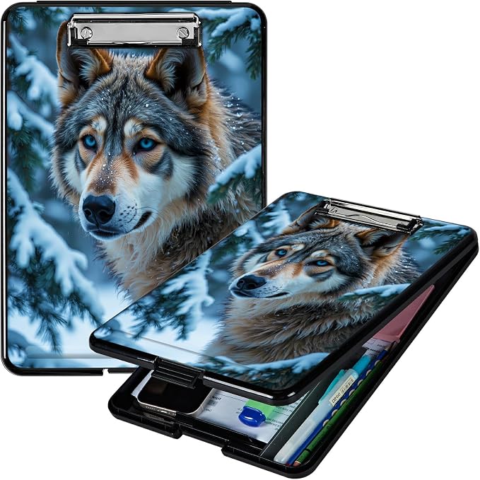 Heavy Duty Storage Clipboard, Slim Nursing Clipboard with Internal Pen Case, Portable File Organizer Case for A4 Letter Size Paper Office Medical Professionals, Snow Forest Wolf