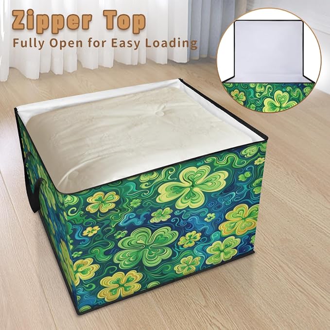 St Patricks Day Large Storage Bags, Fabric Bed Storage Containers, Foldable Closet Organizers for Blanket, Clothing, Comforter, Bedding, Lucky Clover Shamrock
