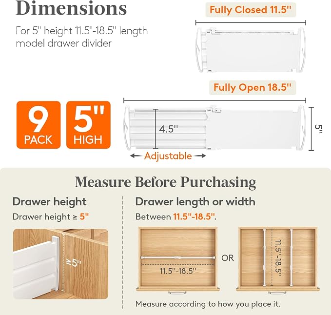Lifewit 5" Tall Drawer Dividers, Adjustable Deep Drawer Organizer Clothes | 9 Pack 11.5"-18.5" Expandable White Plastic Separators for Dresser, Kitchen, Cabinet, Closet, Office Organization & Storage