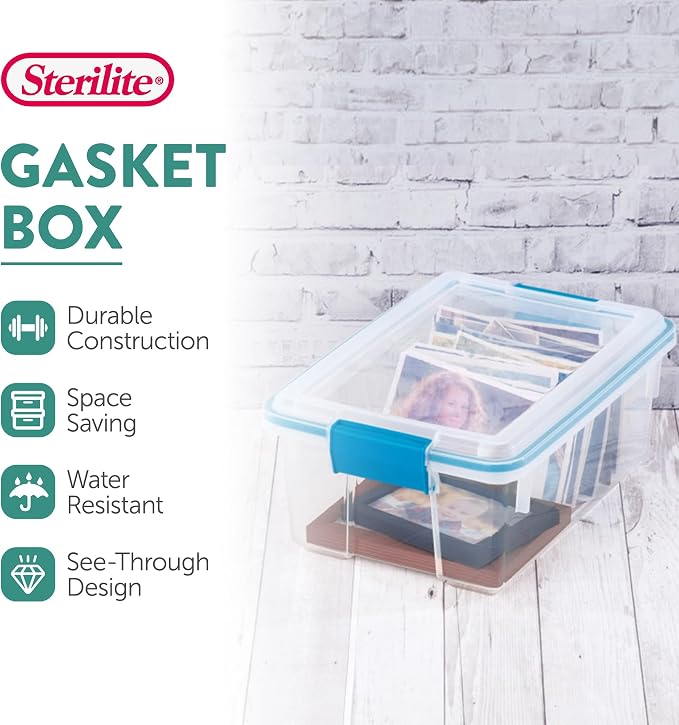 Sterilite Gasket Storage Box with Lids for Home & Office, 12 Quart, 12-Pack | Heavy-Duty, Stackable, and Organizing Containers for Bathroom, Cabinet, Closet, and Garage, Clear and Blue Aquarium Latches