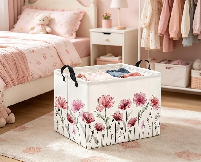 Rectangular Valentines Basket for Women Girls Storage Bin Organizer Box Shelf Room Decor(Silk Flower)