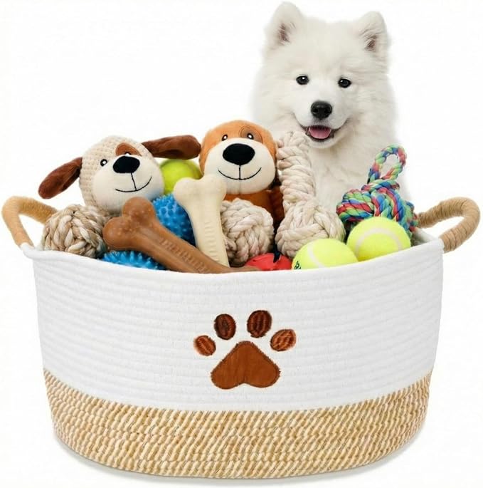 Dog Woven Toy Basket 14.6 x 10.6 x 8.7 Inch Woof Pet Baskets Storage Bin Box with Durable Handles, Woven Pet Basket Puppy Bins for Organizing Toys Dog Blankets and Accessories(Paw)