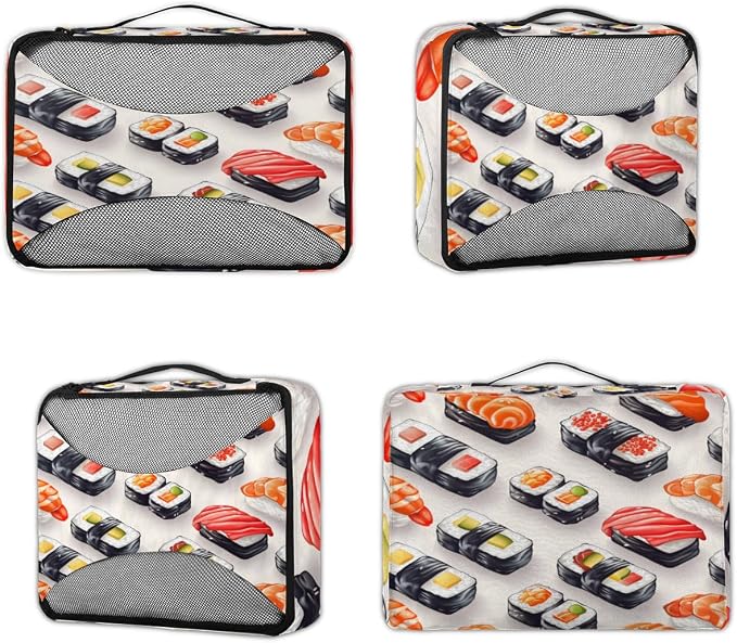 Colorful Sushi 4 Set Travel Packing Cubes for Accessories, Suitcase Organizers Luggage Bags Set with Double Zippers & Mesh Top