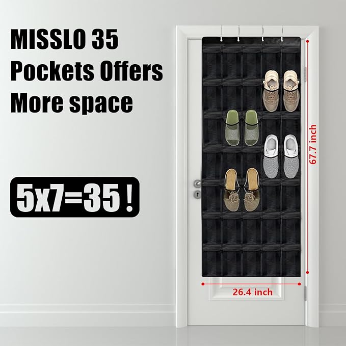Over Door Shoe Organizer 35 Pocket Hanging Storage | No Drill Hanging Shoe Rack with Metal Hooks, Space Saving Organizer for Closet, Bedroom and Door Storage