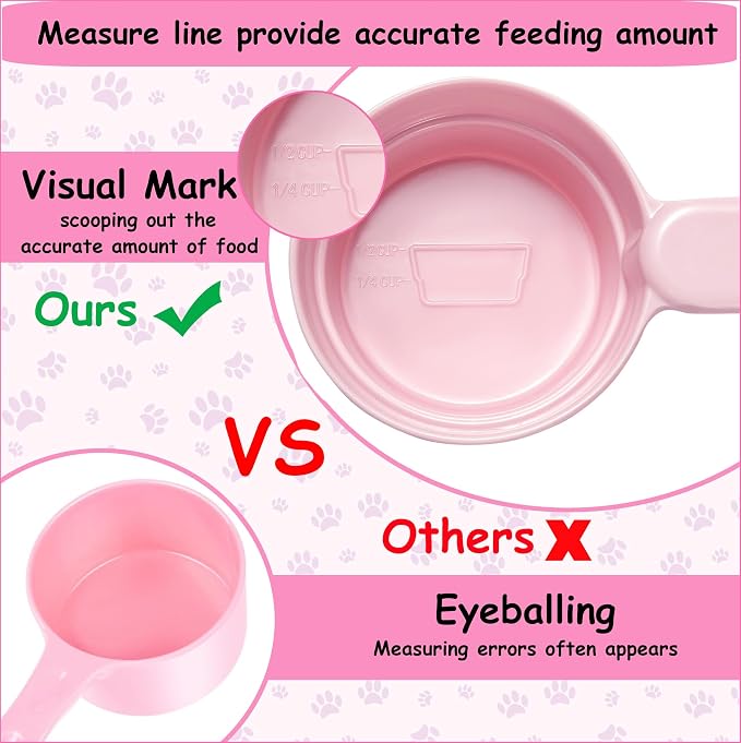 Joyinjojo Dog Cat Food Scoop - Pet Food Scoop Dog Food Measuring Cup 1/2 1/4 Cup, Comfortable Long Handle for Easy to Scoop Food, Soft Pink 1/2 Cup