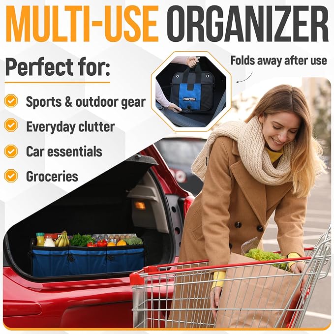 FORTEM Trunk Organizer - Collapsible Car Organizer & Storage Bag for SUVs | Car Accessories for Men & Women, Cooler Bag, Non Slip Bottom, Straps, Soft Cover, 1680D Oxford, 6 Compartments, Blue, 90L
