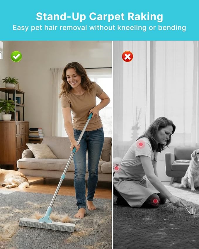 Carpet Rake for Pet Hair Removal, Upgraded Reusable Carpet Scraper Broom with 54” Adjustable Long Handle, Dual-Sided Metal & Silicone Brush, Cat & Dog Hair Remover Tool for Rugs, Mats, Stairs