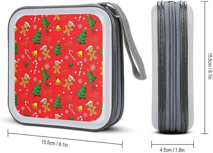 Portable 40-Capacity DVD Storage Binder Red Gingerbread Christmas, Hard Case CD Holder with Zipper, Organizer for Music Movies Game Discs