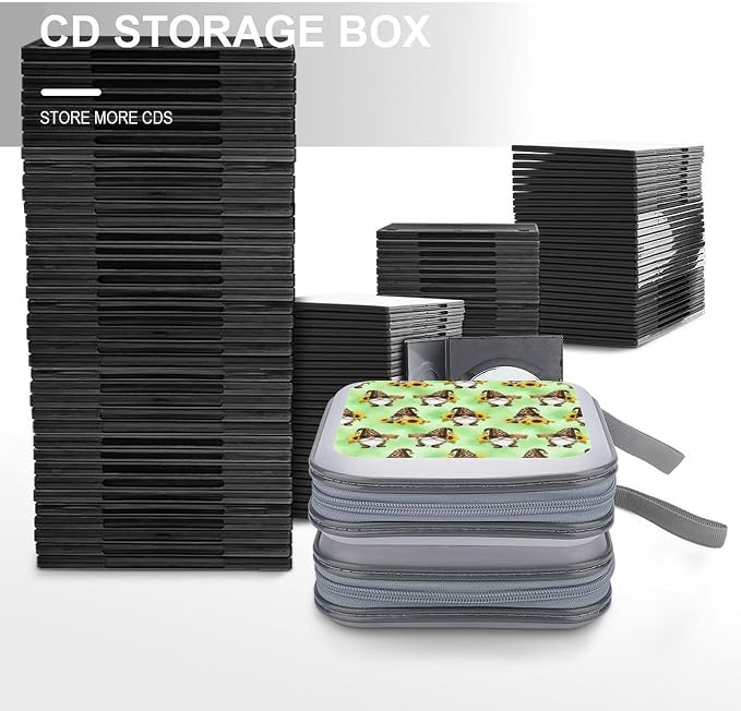 Protective DVD Case Holder Sunflower Gnomes, 40-Capacity Hard Plastic Binder with Zipper, Portable CD Organizer for Car Home