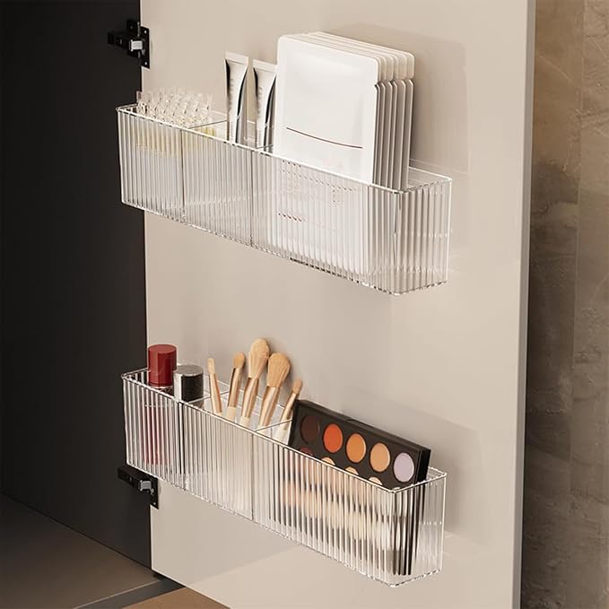 Lae Nuvole Wall Organizer, 2-Pack Clear Adhesive Shelves for Narrow Space | 3 Compartments, Slim 2.28" Depth, No-Drill Adhesive Mount, renter friendly, for Bathroom Vanity, Office, Cabinet Door