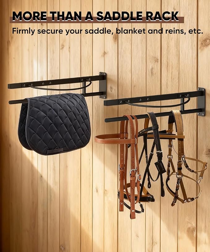 Queension Wall Mounted Saddle Rack with Pad Bar for Horses Saddles, Black | Heavy Duty Horse Saddle Stand with for English & Western Saddles, Saddle Pad Rack for Horses Blanket, Tack Storage