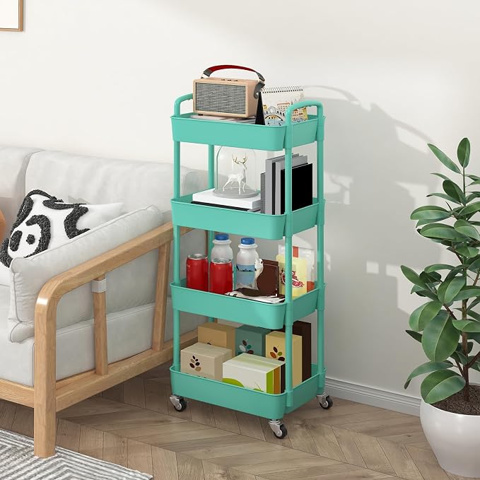 Sywhitta 4-Tier Plastic Rolling Utility Cart with Wheels for Storage,Green | Multi-Functional Storage Trolley, for Office, Living Room, Kitchen, Bathroom,Movable Organizer,Space-Saving,Easy to assemble