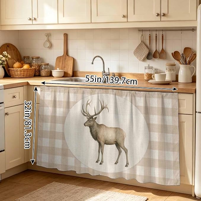 Majestic Buck Sink Skirt for Bathroom, Self-Adhesive Under Sink Curtain, Vintage Natural Buck Rustic Linen Plaid Hide Pipes & Storage Fabric Cabinet Skirt Cover for Kitchen Laundry 32"x55"