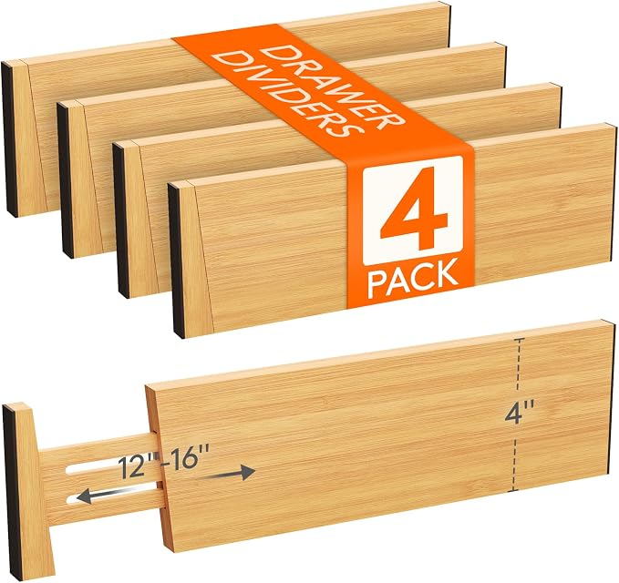 Lifewit 4" High Dresser Drawer Dividers, Adjustable Bamboo Drawer Organizer | 4 Pack 12"-16" Expandable Drawer Separator for Clothes, Utensils, Kitchen, Cabinet, Closet, Nursery Organization & Storage