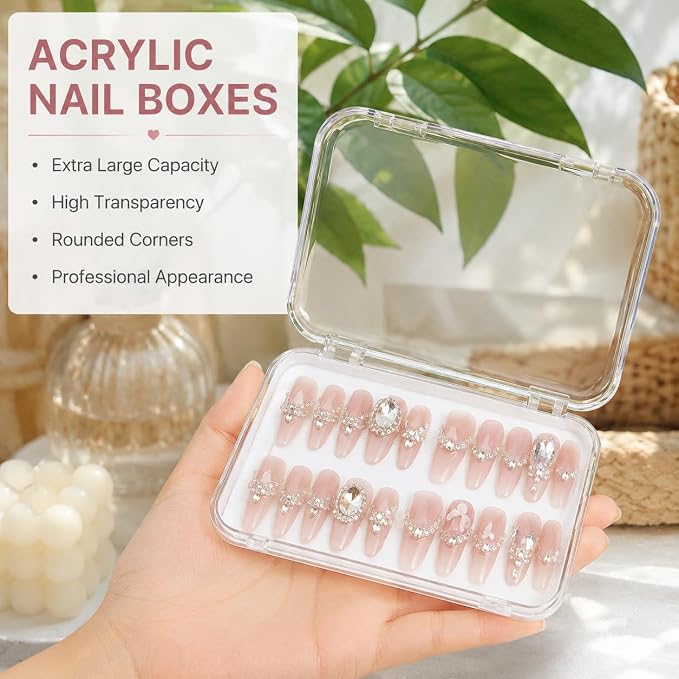 12Pcs Press On Nail Packaging Boxes for Long Nails | Large clear storage cases for long press ons; includes 30 adhesive tabs and bonus tools for nail salon use.