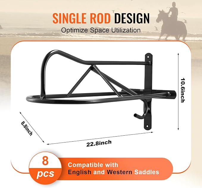 VEVOR Wall Mount Saddle Rack, 27.3 x 16.3 x 12.5 in, 8 Packs Horse Saddle Rack with Pad Bar, Portable Saddle Stand for English & Western Saddle, Horse Tack Storage for Equestrian Garden, Black