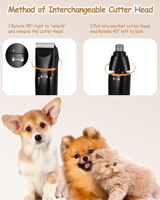 4 in 1 Dog Clippers, USB-C Rechargeable Dog Grooming Clipper Kit Nail Ginder with Two Speeds, Cordless Pet Cat Trimmer Shavers for Thick Hairs for Poodle, Small Pets
