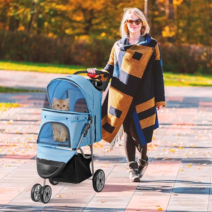ZENY Pet Stroller for Small/Medium Dogs and Cats Foldable Dog Stroller | with 3 Wheels, Pet Strolling Cart, Dog Travel Carrier with Storage Basket, Cup Holder, Blue