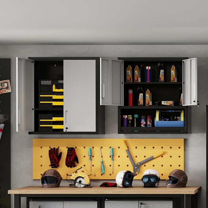 Garage Wall Cabinet with 2 Locking Doors Metal Storage Cabinet | Wall Mounted Steel Tool Cabinet with Doors and Shelf Hanging Cabinets for Garage Warehouse Bathroom Kitchen,Assembly Required