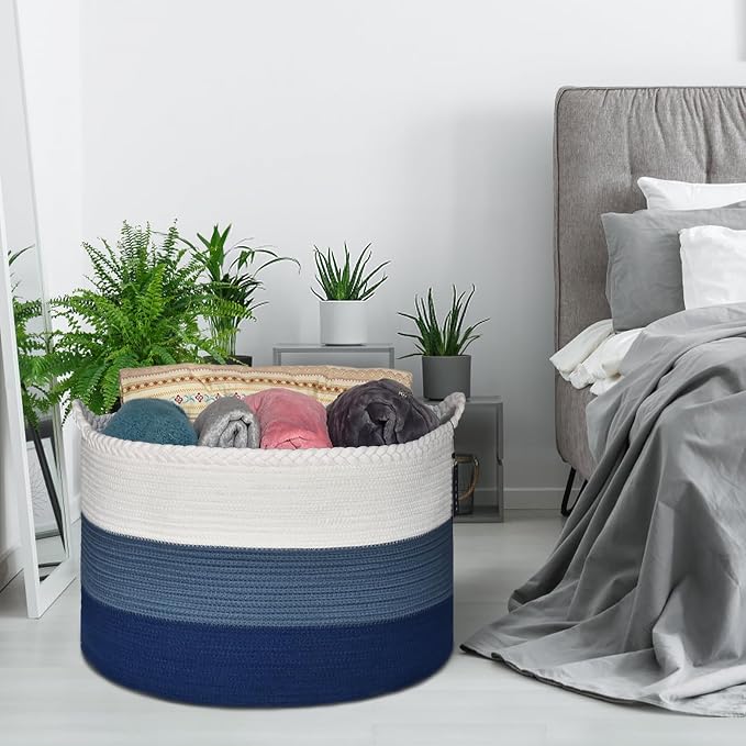 COMSE XXXLarge Woven Blanket & Laundry Basket, 87L, White & Blue | 21.7" x 13.8", Cotton Rope, Nursery Hamper for Storage of Toys Clothes Towels, Ideal for Living Room Bedroom Bathroom