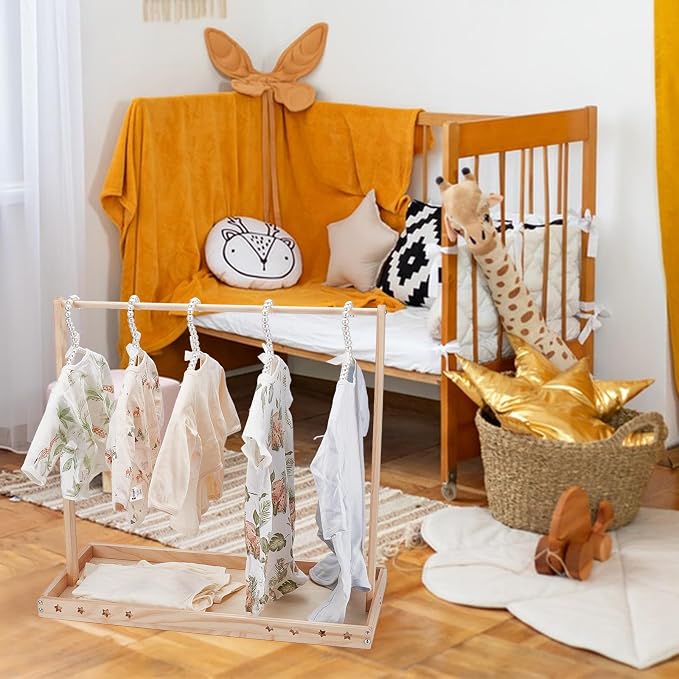 1 Set Wooden Small Clothes Rack, Pets Clothes Rack with Hanging Rod Solid Pets Wardrobe Coat Racks Dogs Cats Dolls Clothes Display for Playroom Bedroom, 23.62x10.24x21.85Inch