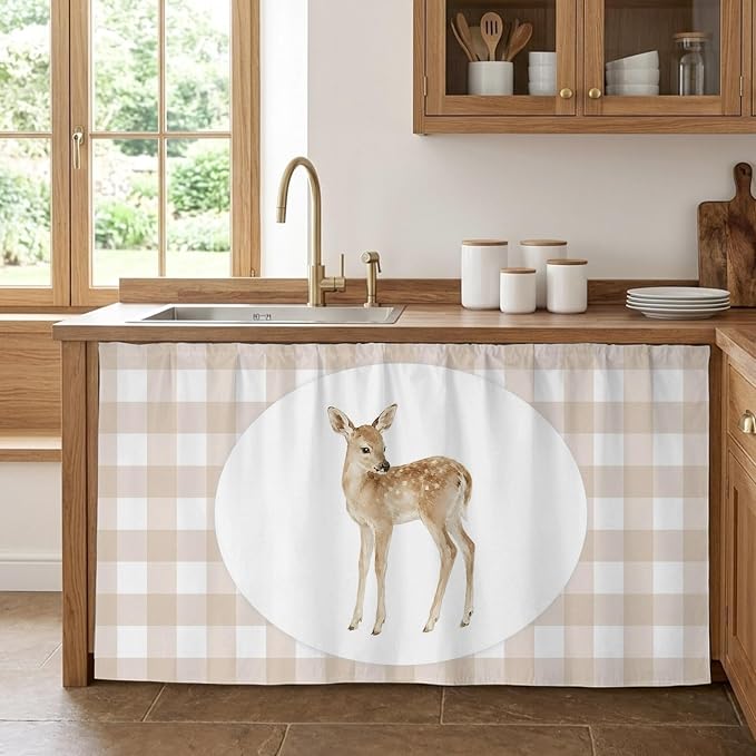 Resting Fawn Cabinet Curtains 28"x51" Sink Skirt for Bathroom Kitchen, Natural Animals Farmhouse Modern Plaid Self Stick Adhesive Under Desk Covers Tall Laundry Cabinet Storage Organizer