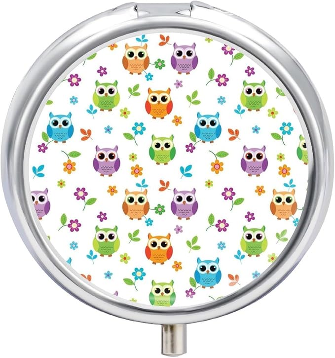 Travel Pill Case, Floral Owl Round Waterproof Organizer, Small Holder for Fish Oil, Portable Pill Box Purse Use for Daily Walks
