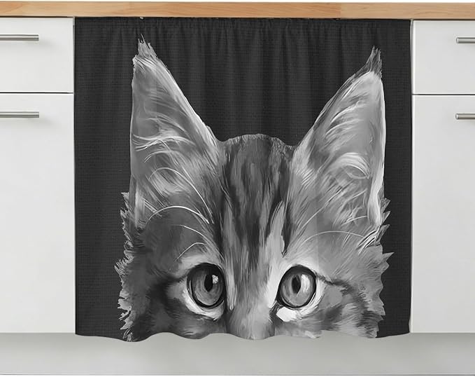 Black Cat Small Sink Skirt 10"Wx11"L, Dustproof Under Sink Curtain with Self Adhesive Tape, Cute Pets Eyes Fur Vintage Oil Painting Cabinet Curtain Cover for Bathroom Vanity, Kitchen Storage Shelf, RV