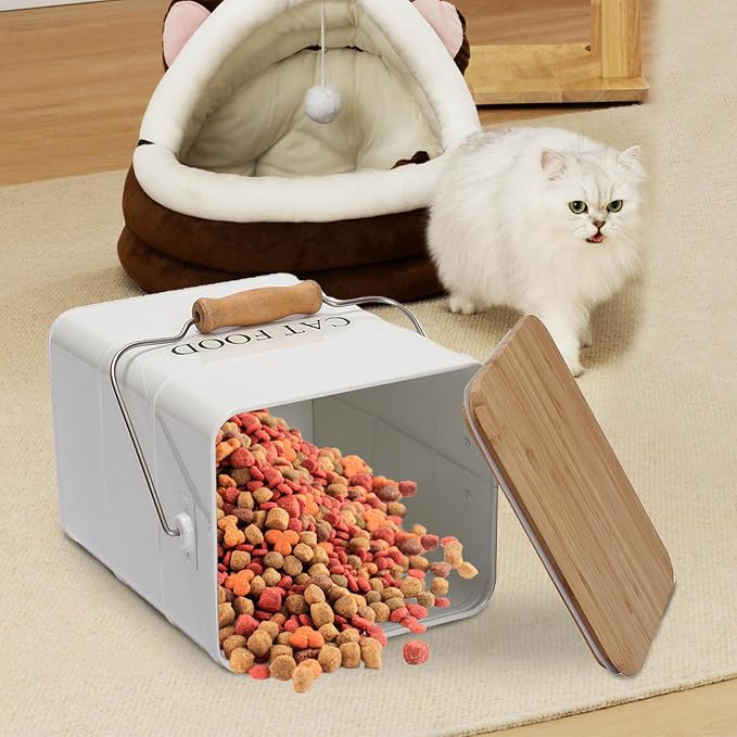 Morezi Cat Food Storage Container Storage bin with Wooden lid Scoop Included White Metal cat Food Container in Kitchen countertop