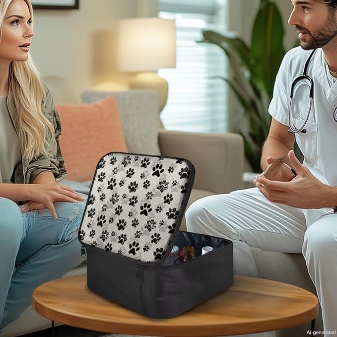 First Aid Case Empty Pet Paw Print Veterinary Medic Bag for Animal Clinics and Pet Owners Includes Secure Zipper Compartments Breathable Mesh Panels Soft Lining Washable Material
