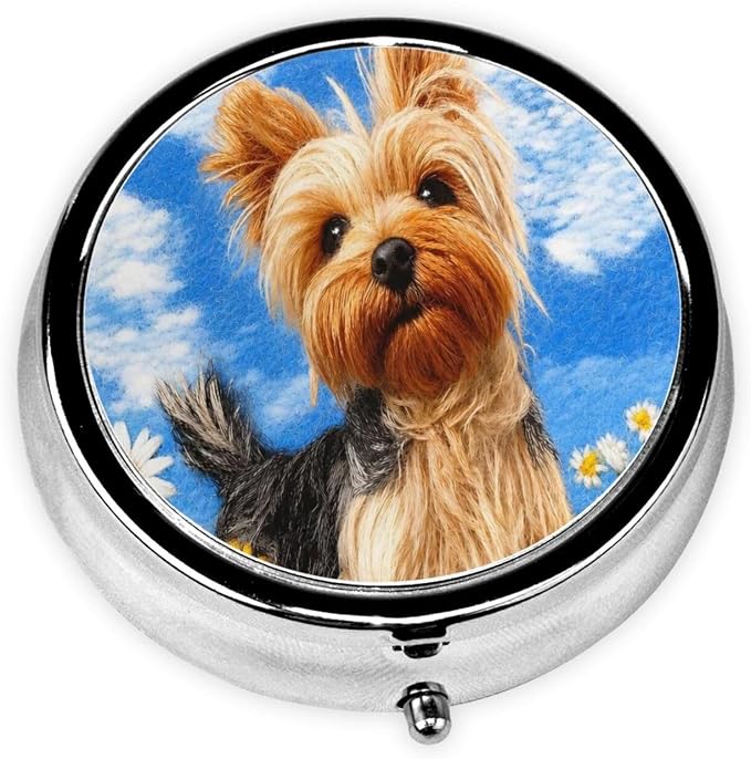 Funny Yorkie Dog Portable Pill Organizer | 3 Compartment, With Mirror, For Men Women, For Daily Supplements, Vitamins, Fish Oil, Jewelry, Candy, Travel