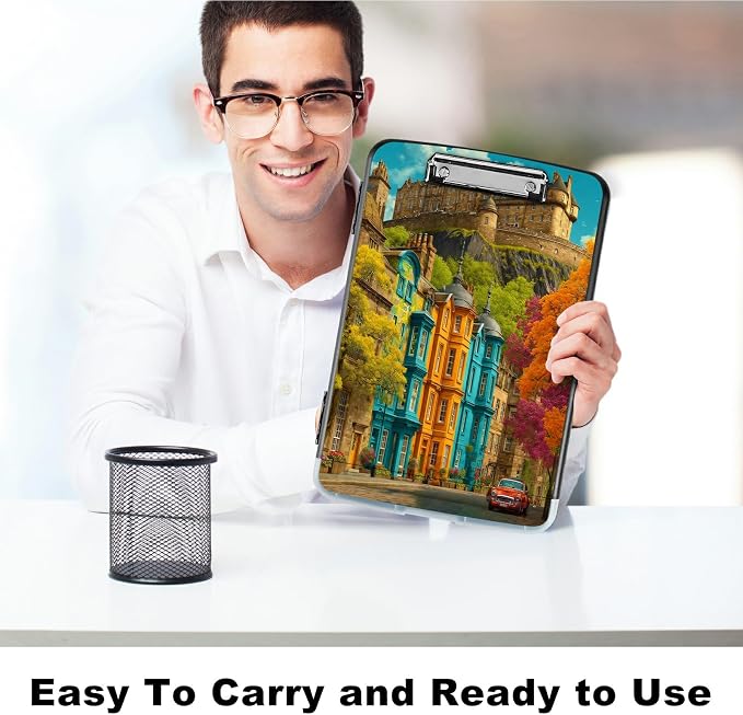 A4 Clipboard with Storage Pen Holder, Clipboards Organizer Nursing Clipboard Foldable File Folder Plastic Clipboard Folio Clip Board for Office Work Classroom Doctor, Castle Maple Tree