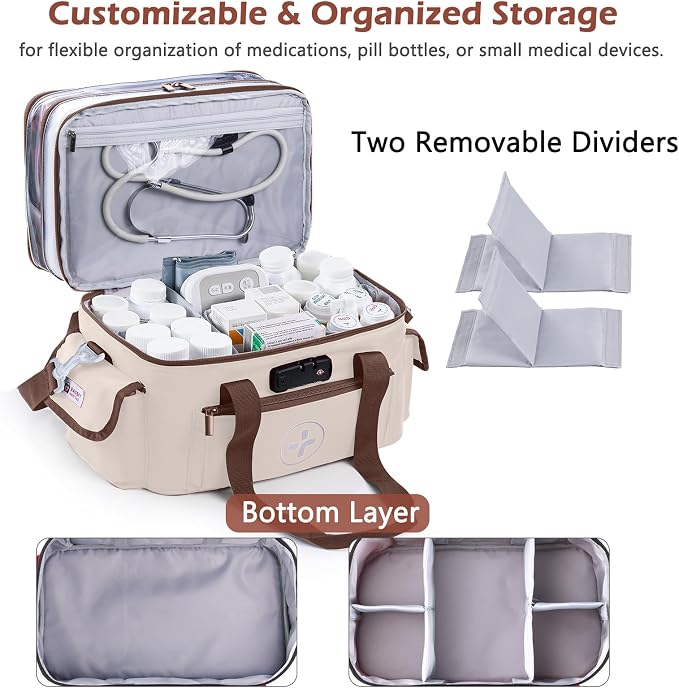 BAGSFY 3-Tier Medicine Organizer with Combination Lock – Large Medicine Bag, Empty First Aid Kit Case, Pill Bottle Medical Supply Organizer, Travel Prescription Bag, Medication Storage Container