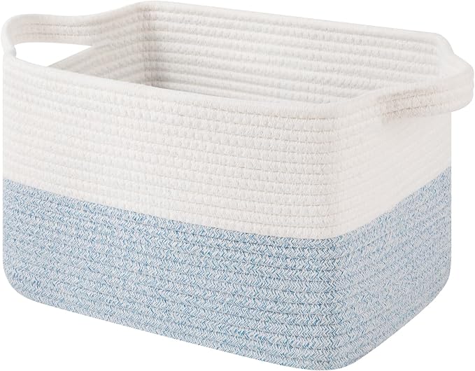 OIAHOMY Woven Storage Basket for Shelves, Rectangle Cotton Rope Baskets for Organizing, 13 x 10 x 9 in, Storage Bins for Dog Toys,Towel,Books,Gift,Blue and White