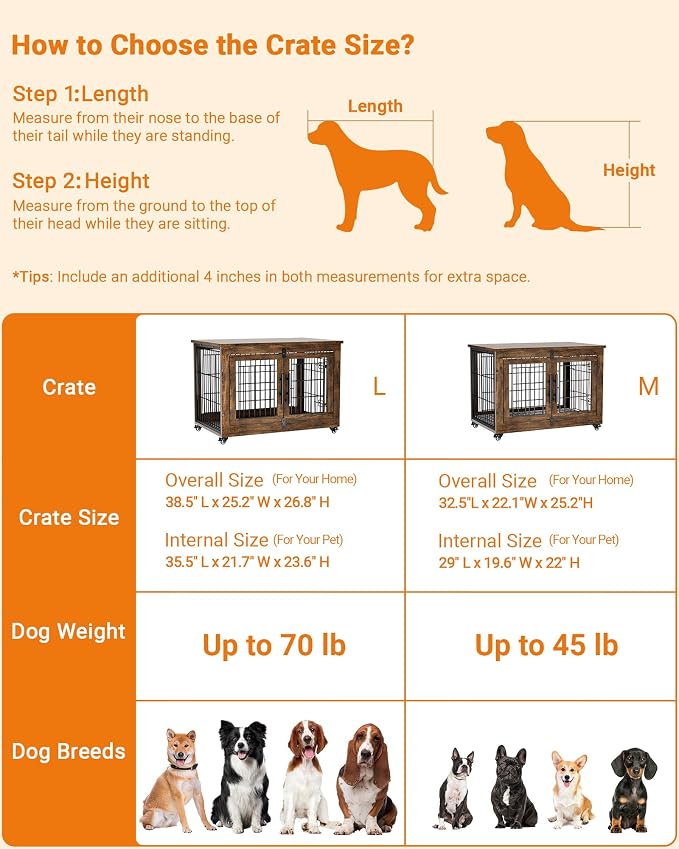 YaFiti Dog Crate Furniture, 38.5" Wooden Dog Kennel, 2 Pack, Rustic Brown | Cushion, Wheels, Double Doors, for Large/Medium Dogs, Up to 70 lb, Furniture Style, Side End Table, Decorative Pet Cage House
