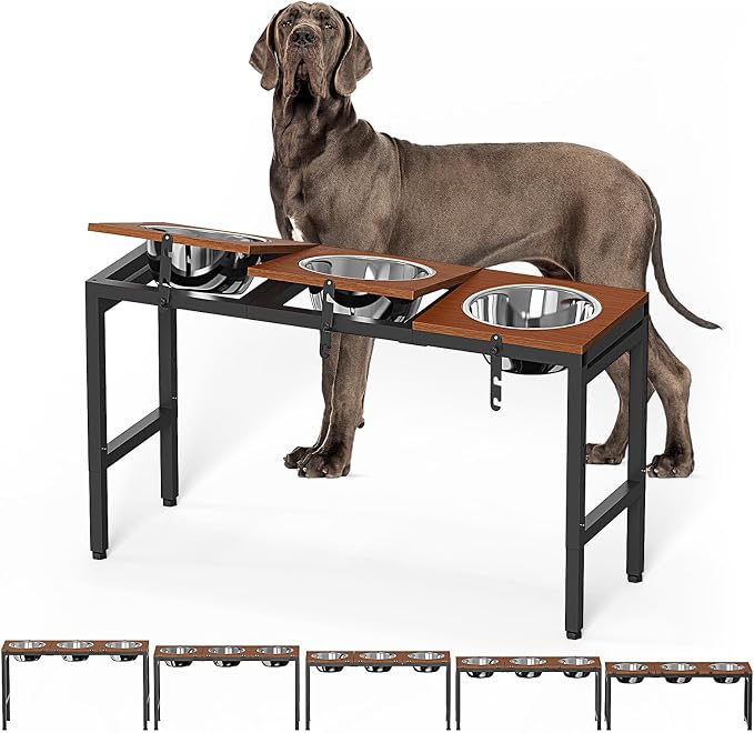 Elevated Dog Bowls Large Breed, Adjustable, 3 Bowl 12.5cup/101oz | 15"/16"/17"/18"/20" Height Fits Giant Dogs Like Great Dane, Stainless Steel Bowls , Iron Holder, Wooden Platform, Grained Oak