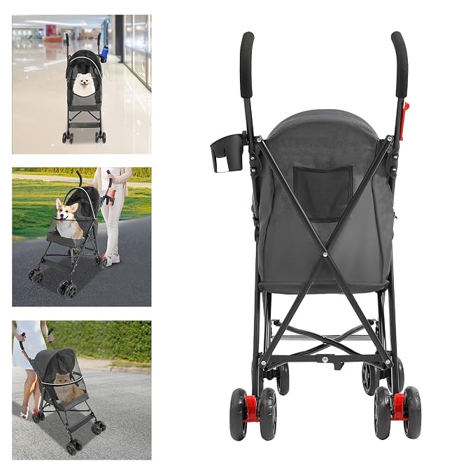 Pet Stroller for Small Medium Dogs Up to 22lbs, 4 Wheels Folding Pet Carriage Cart for Dogs Cats, Portable Cat Puppy Jogging Stroller with Rear Pocket and Cup Holder (Black)