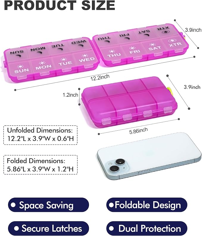 Pill Organizer Travel Medicine Organizer - Weekly Pill Organizer with 2 Extra Compartments, Clear Printed Labels, AM PM Pill Dispenser