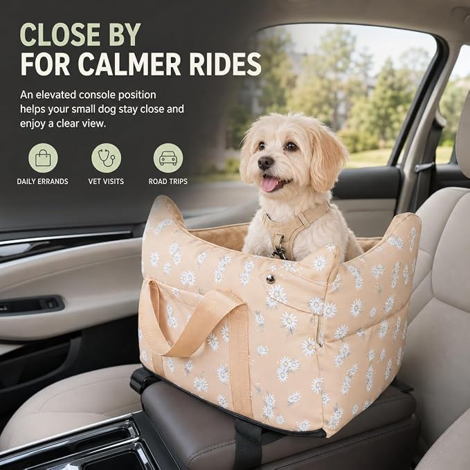 Dog Center Console Car Seat for Small Dogs 5-15 lbs, Apricot | Portable Armrest Puppy Booster with Anti-Collapse Support, Washable Fluffy Cushion and Pillow