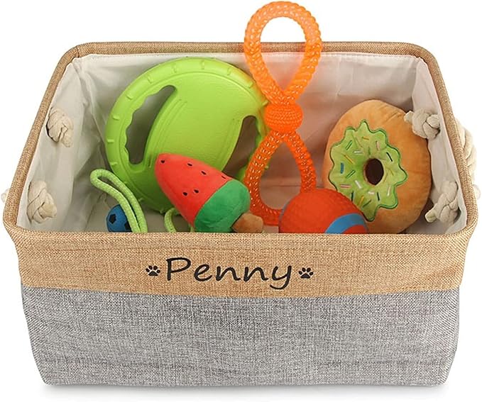 Personalized Dog Toy Basket with Name,Custom Dog Toy Basket,Paw Prints Pet Food Storage Container,Dog Toy Box for Small Dogs,New Puppy Supplies (Pink,L 41X32X21cm)