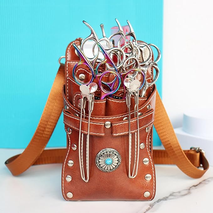 Hairstylist Waist Bag, 7-Slot PU Leather Barber Scissors Tool Bag Shear Holder, Detachable Hair Cutting Organizer for Combs, Clippers, and Spray Bottles (Coffee)