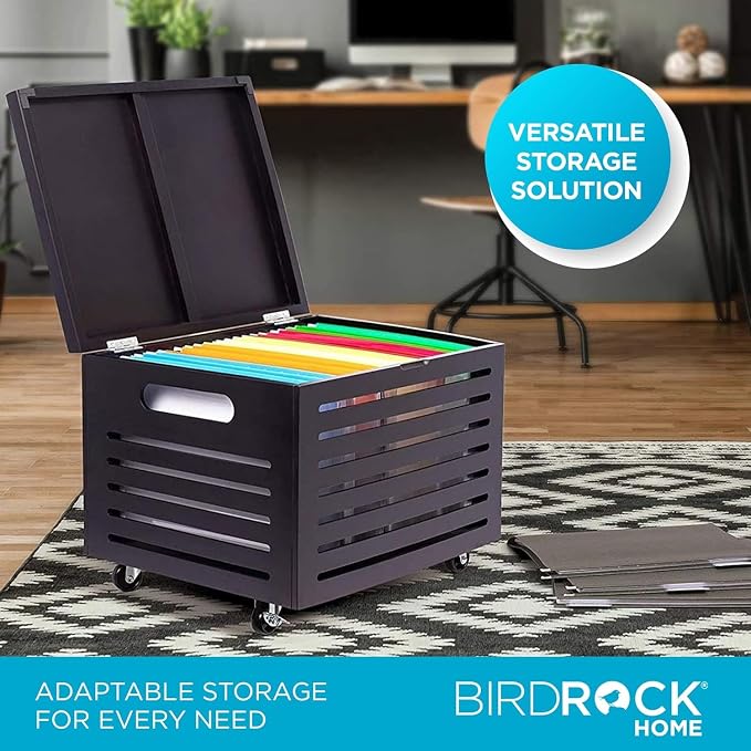 BIRDROCK HOME Bamboo Rolling File Storage Organizer Box with Lid - Decorative File Cabinet on Wheels, Portable File Box on Wheels, Mobile Filing Solution - Café Noir